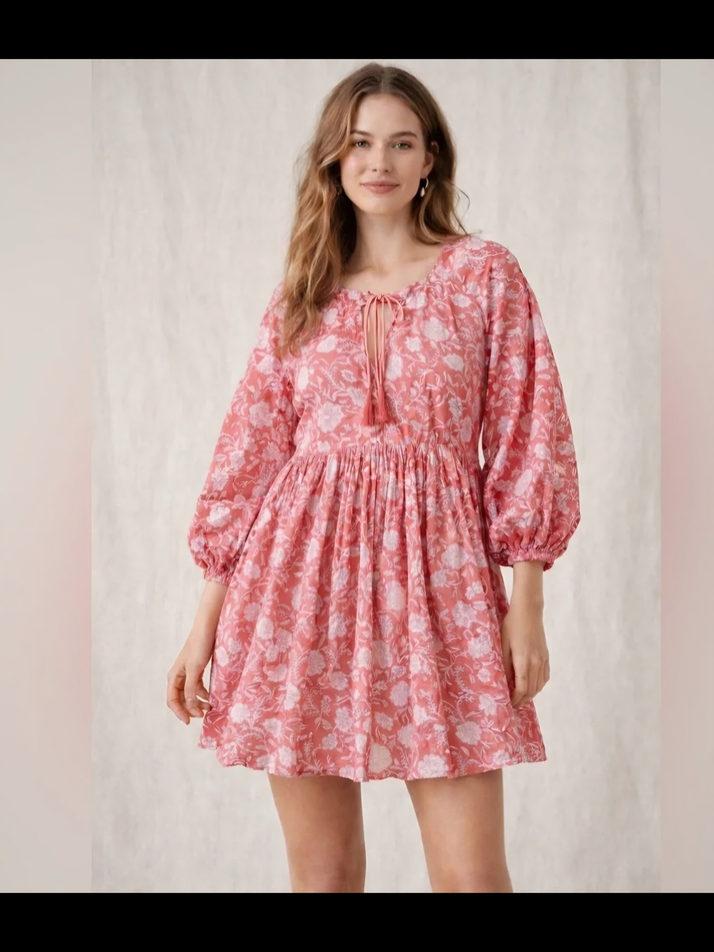 Dolma Guava Floral Tie-Front Mini Dress with Puff Sleeves Womens Small